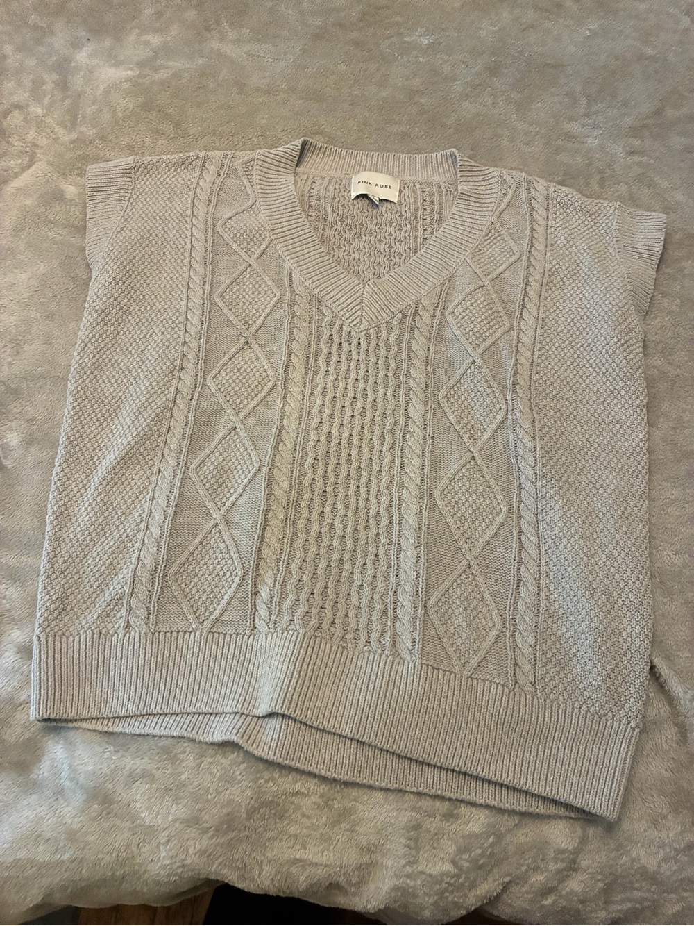 Pink Rose Light Gray Cable Knit V-Neck Sweater Vest